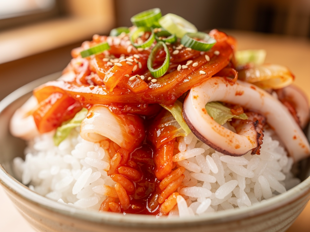 Best Dupbap in Abu Dhabi (2026): Honest Local Guide 2 squid dupbap close-up, spicy topping ladled over white rice in Abu Dhabi