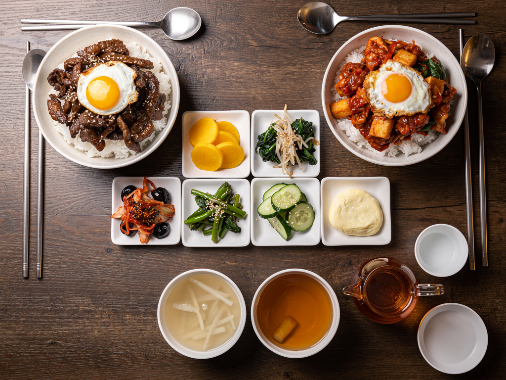 Best Dupbap in Abu Dhabi (2026): Honest Local Guide 3 Korean covered-rice bowls and banchan on an Abu Dhabi restaurant table