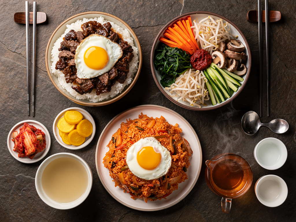Korean rice bowls compared on a Dubai restaurant table: dupbap, bibimbap and fried rice
