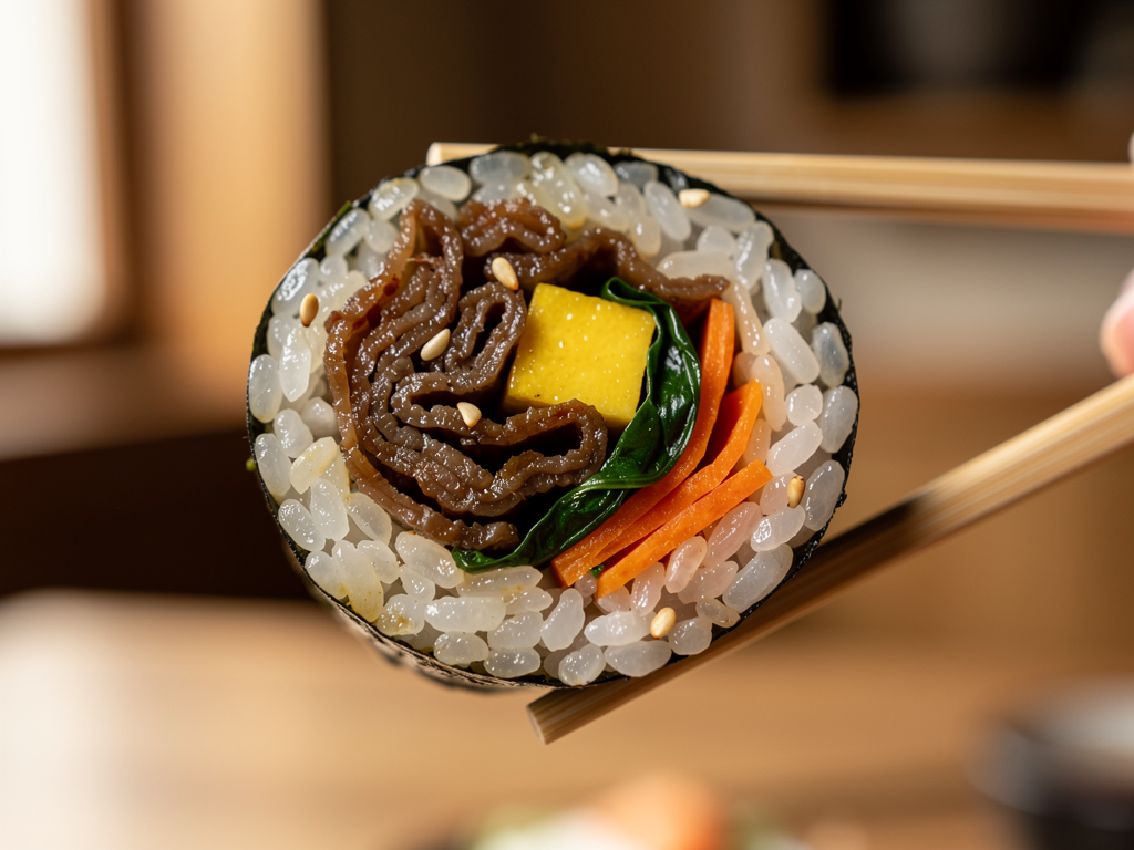 gimbap close-up at a halal Korean restaurant in Abu Dhabi