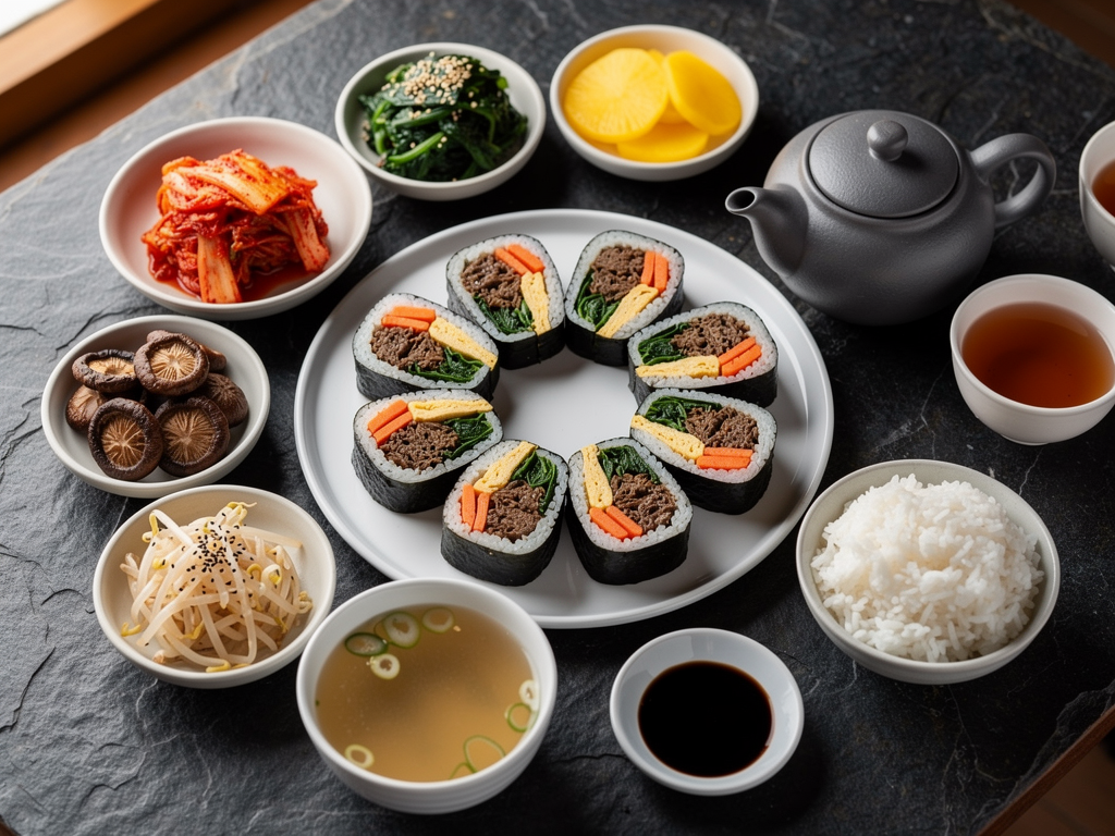 halal Korean food spread with gimbap and banchan in Abu Dhabi