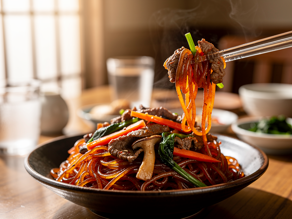 japchae, Korean sweet potato glass noodles stir-fried with beef, spinach, carrot and mushroom close-up at a halal Korean restaurant in Abu Dhabi