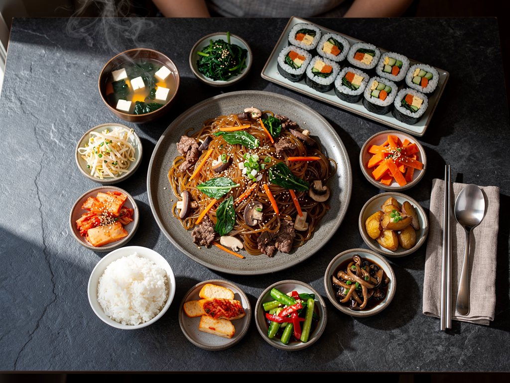 halal Korean food spread with japchae, gimbap and banchan in Abu Dhabi