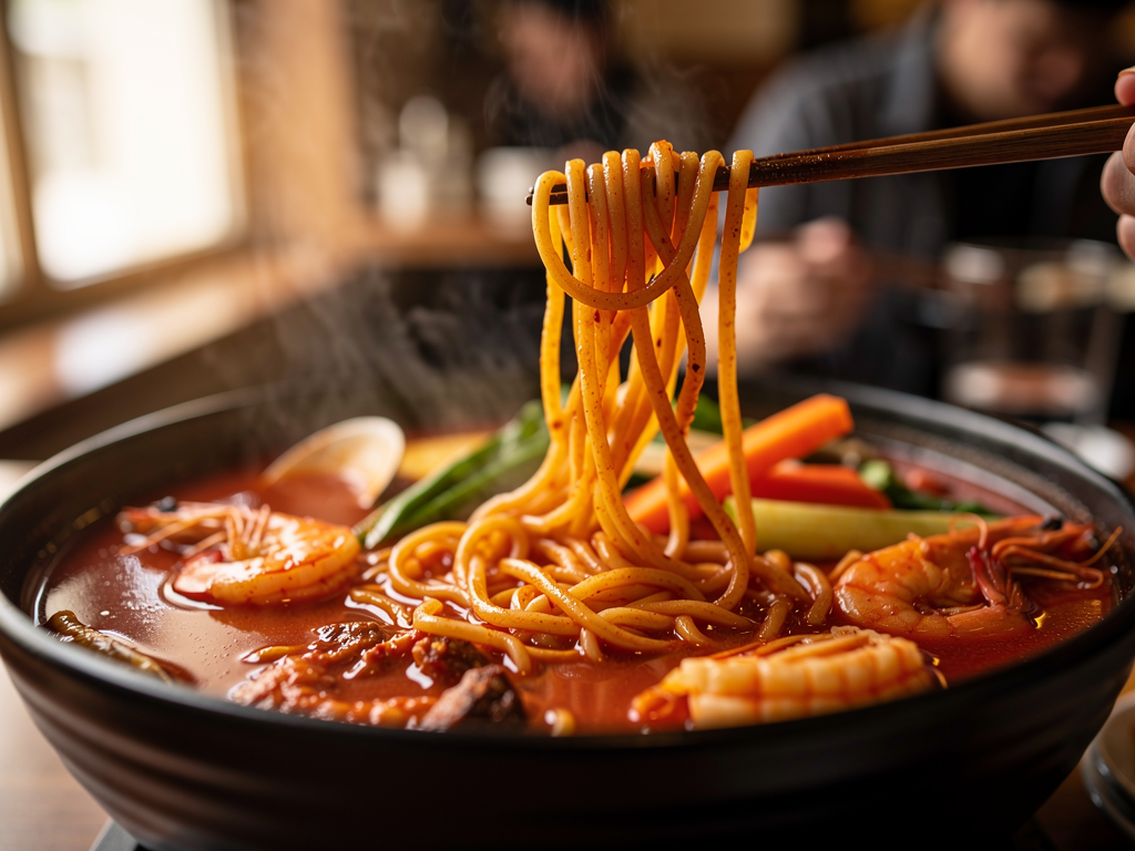 Best Jjampong in Abu Dhabi (2026): Honest Local Guide 2 Close-up of jjampong noodles being lifted from a bubbling pot of spicy seafood broth