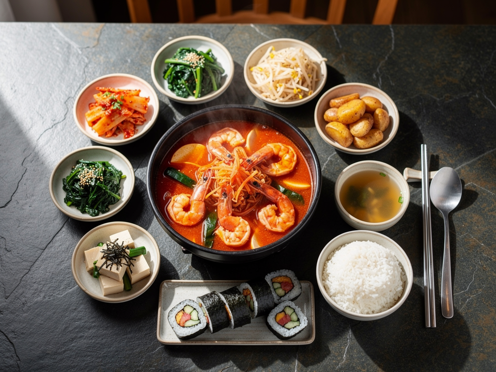 Best Jjampong in Abu Dhabi (2026): Honest Local Guide 3 Korean table spread with a pot of jjampong, rice, gimbap and banchan side dishes