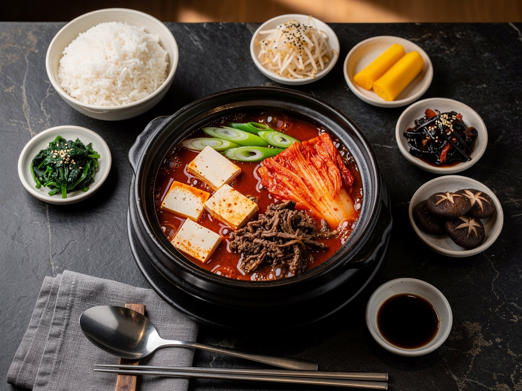 Best Kimchi Jjigae in Abu Dhabi (2026): Honest Local Guide 3 halal Korean stew spread with kimchi jjigae and banchan in Abu Dhabi