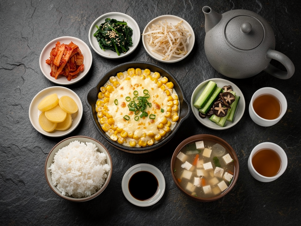 halal Korean food spread with korean corn cheese and banchan in Abu Dhabi