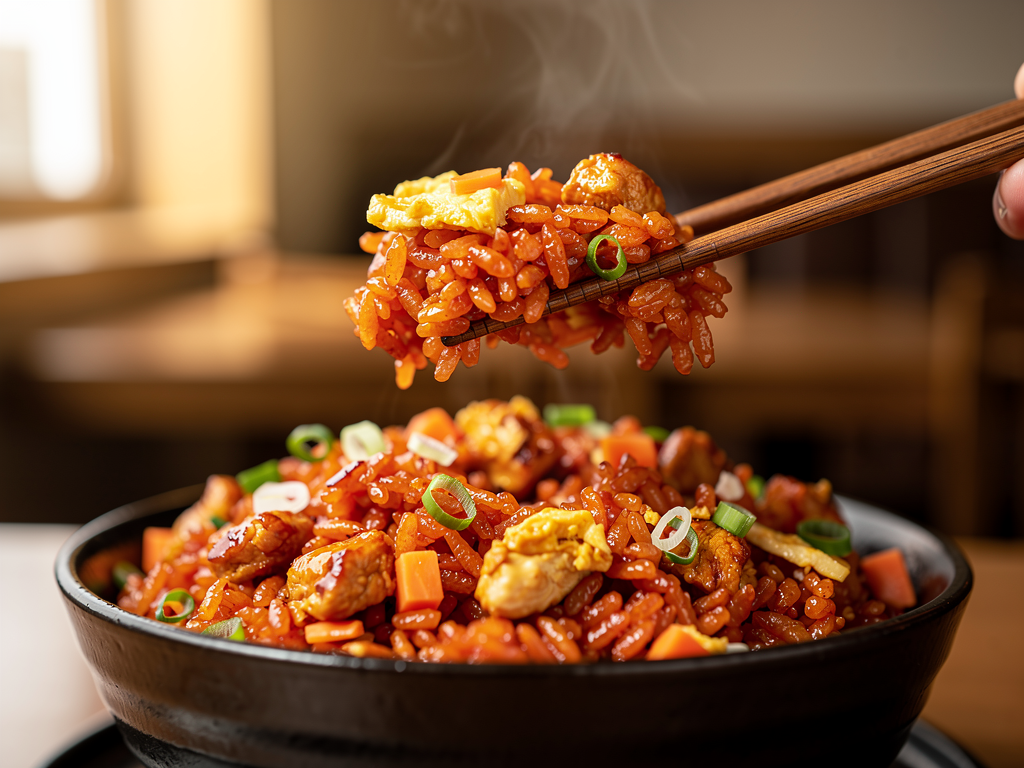 korean fried rice close-up showing dry, separate rust-orange grains, Abu Dhabi