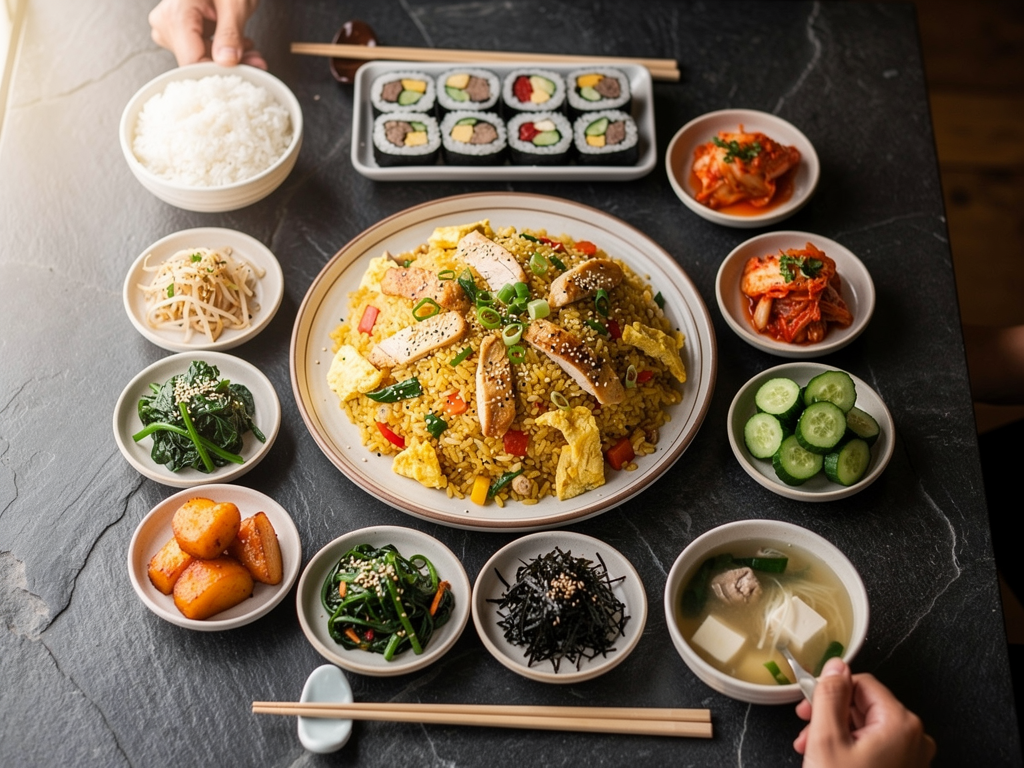halal Korean table in Abu Dhabi with korean fried rice, gimbap and banchan