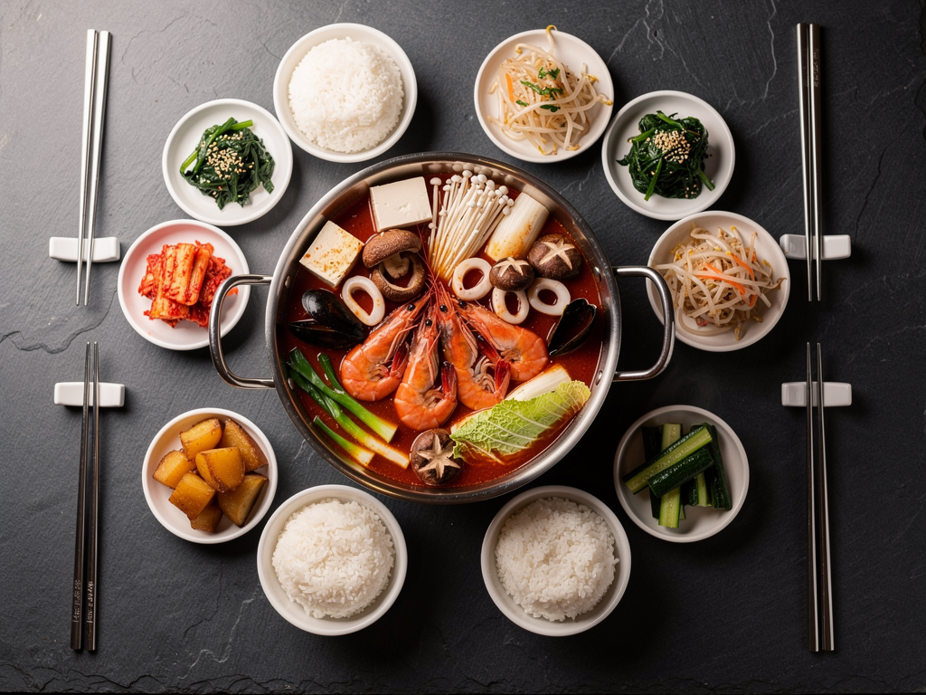 Best Korean Hot Pot in Abu Dhabi (2026): Honest Local Guide 3 shared Korean hot pot dinner for four in Abu Dhabi with rice and banchan