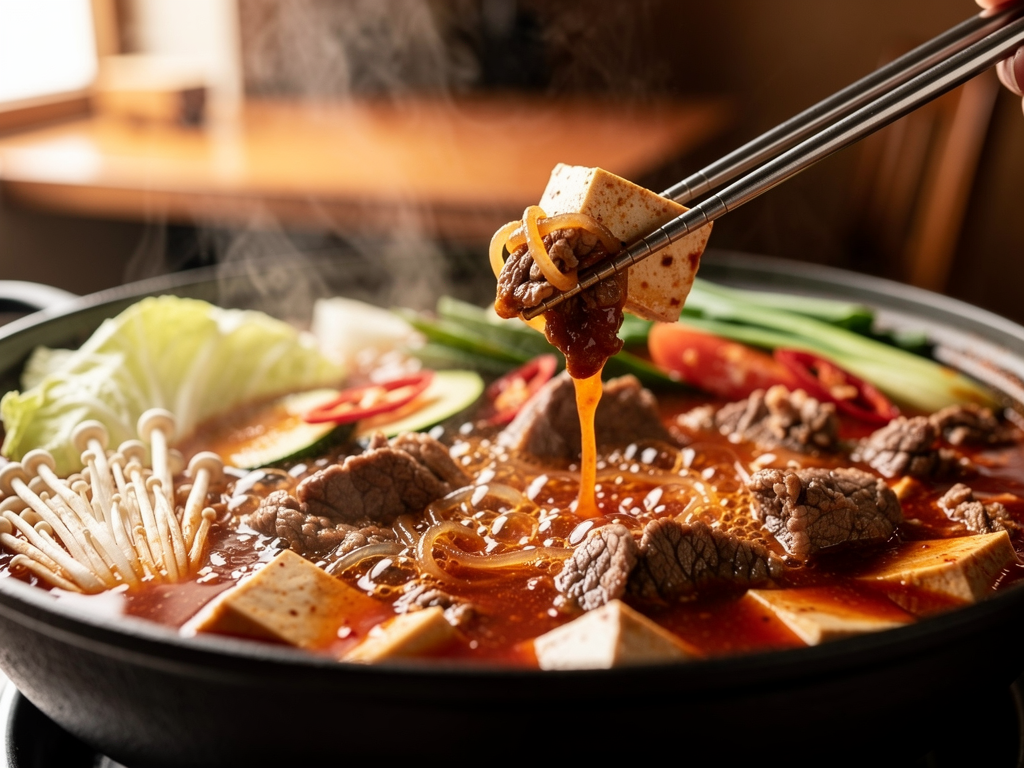 Best Korean Hot Pot in Dubai (2026): Honest Local Guide 2 close-up of a Korean jeongol hot pot with beef, tofu and glass noodles