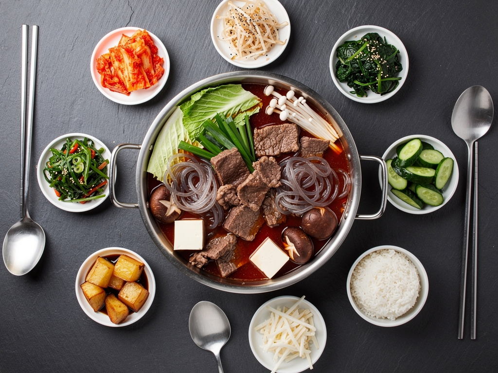 Best Korean Hot Pot in Dubai (2026): Honest Local Guide 3 Korean jeongol hot pot shared at a table in Dubai with rice and banchan