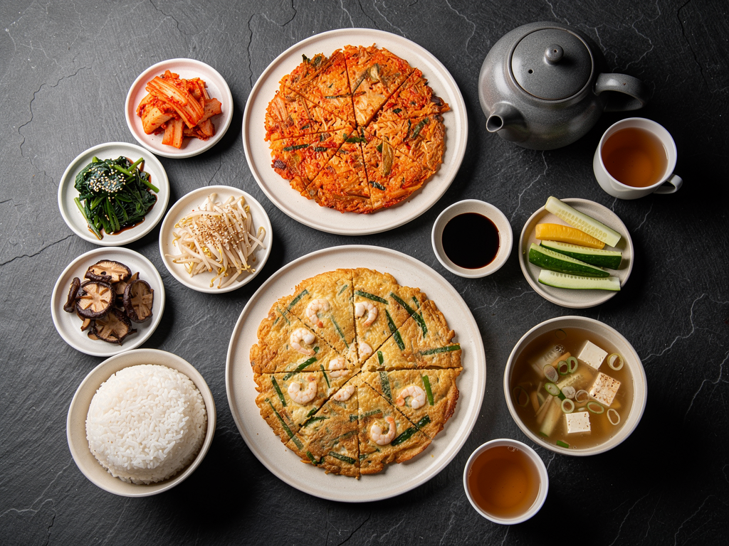 Best Korean Pancake in Abu Dhabi (2026): Honest Local Guide 3 halal Korean food spread with korean pancake and banchan in Abu Dhabi