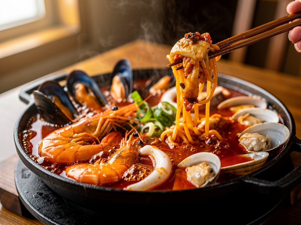 Best Korean Seafood in Abu Dhabi (2026): Honest Local Guide 2 Korean seafood hot pot (haemul jeongol) with prawns, mussels, squid and clams close-up at a halal Korean restaurant in Abu Dhabi