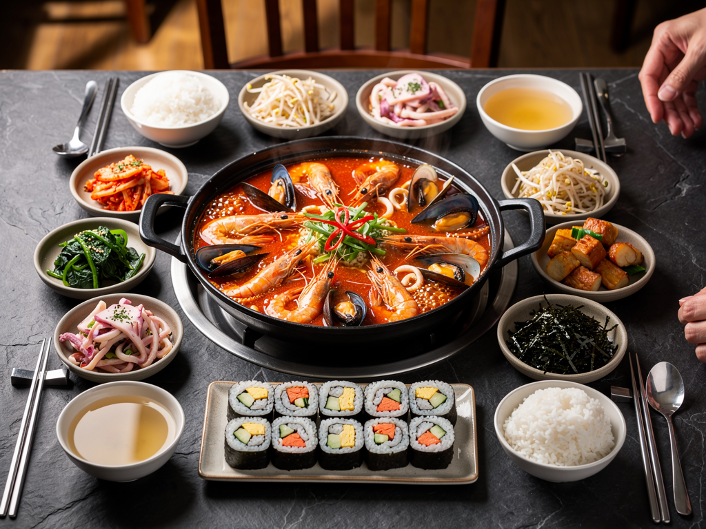 Best Korean Seafood in Abu Dhabi (2026): Honest Local Guide 3 halal Korean food spread with a seafood hot pot, gimbap and banchan in Abu Dhabi