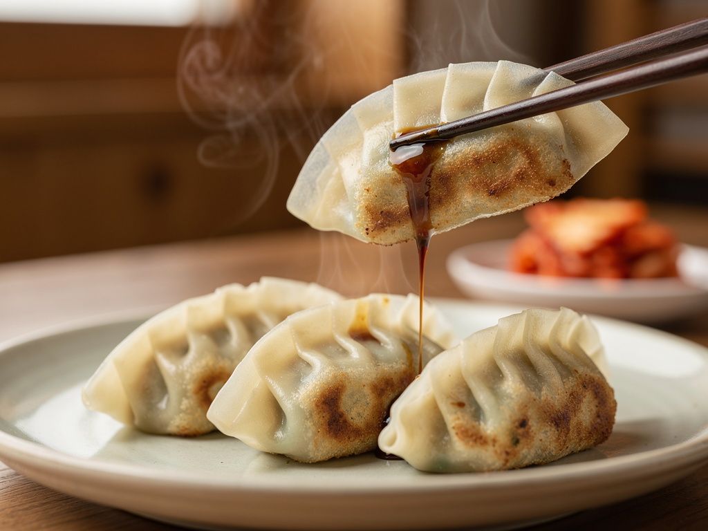 Best Mandu in Abu Dhabi (2026): Honest Local Guide 2 Close-up of pan-fried Korean mandu dumplings with crisp golden bases on a ceramic plate