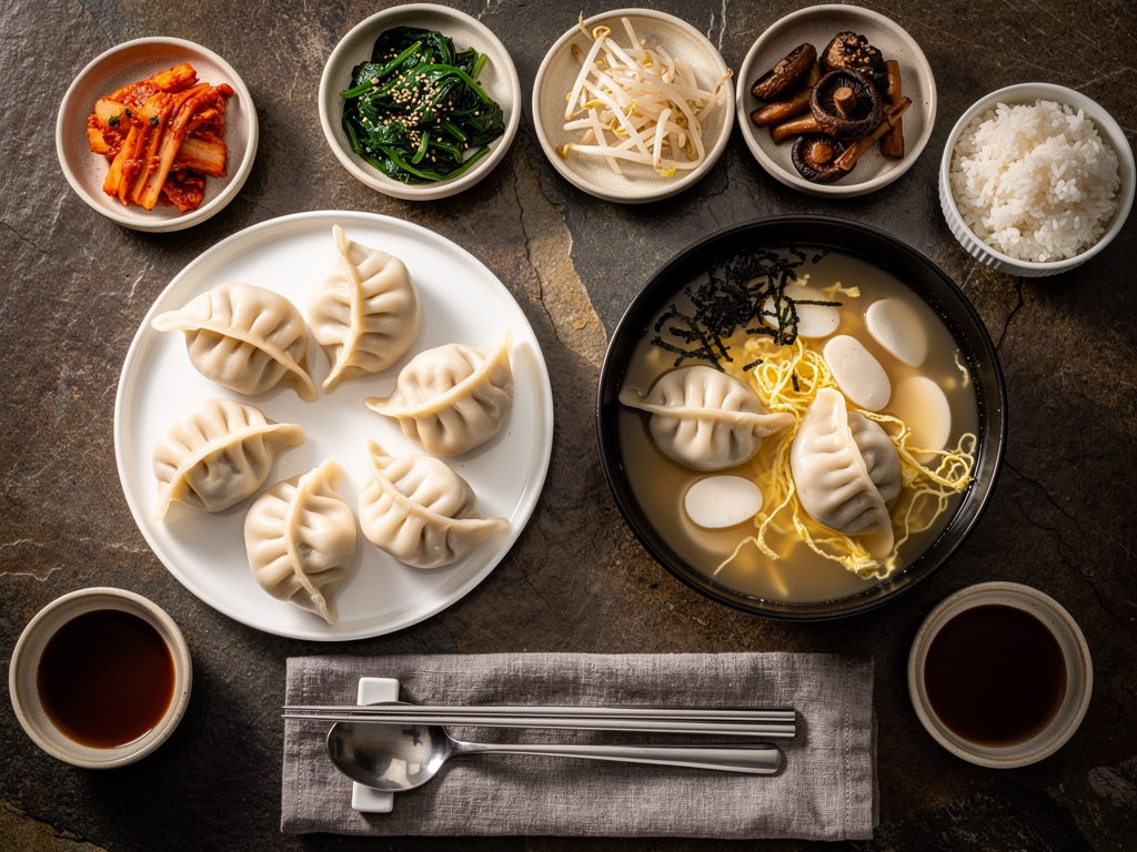 Best Mandu in Abu Dhabi (2026): Honest Local Guide 3 Korean table spread with a plate of mandu dumplings, rice cake and dumpling soup, rice and banchan