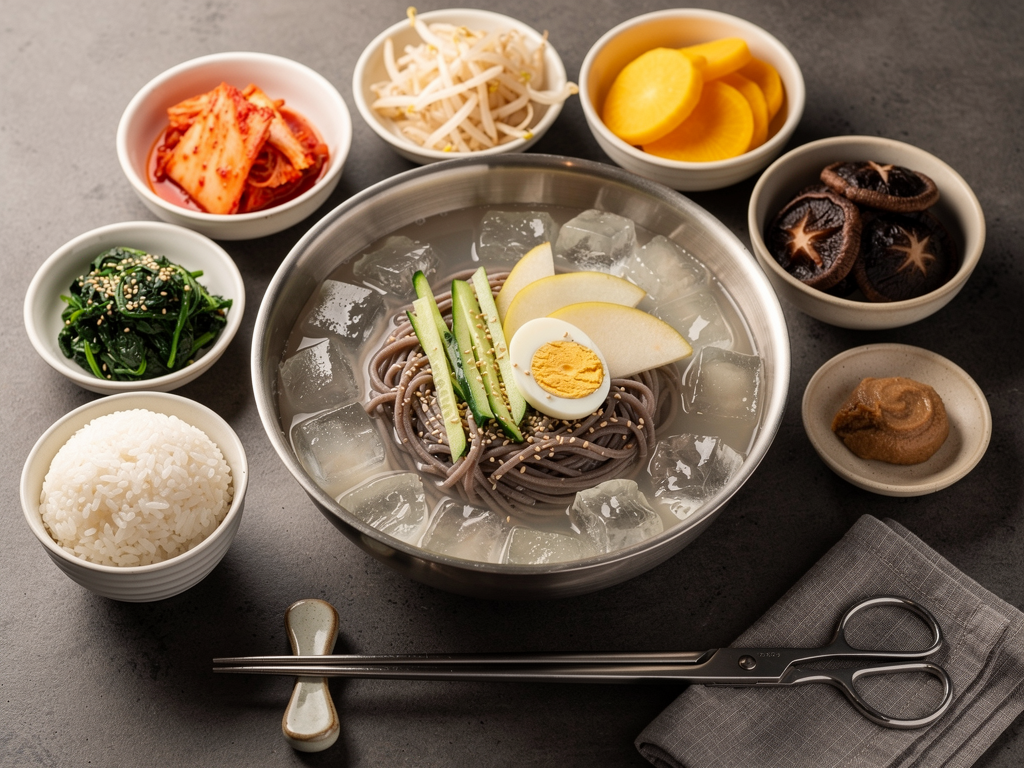 Best Naengmyeon in Abu Dhabi (2026): Honest Local Guide 3 halal Korean cold noodle spread with naengmyeon and banchan in Abu Dhabi
