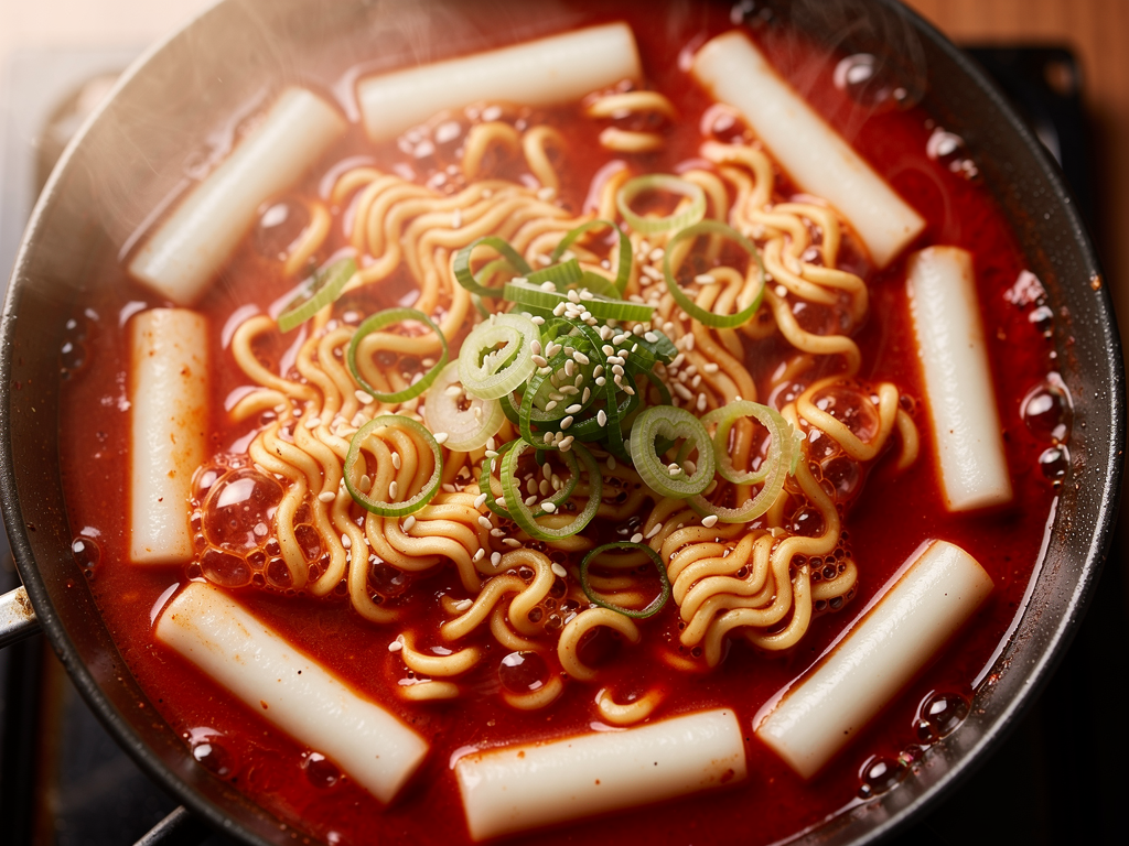 Best Rabokki in Abu Dhabi (2026): Honest Local Guide 2 Close-up of white cylindrical rice cakes and curly ramyeon noodles in red gochujang sauce