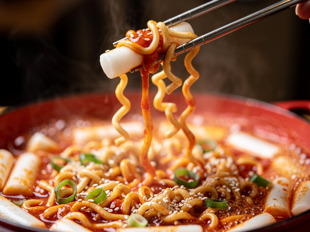 Chopsticks lifting rice cakes and ramyeon noodles from a pan of rabokki