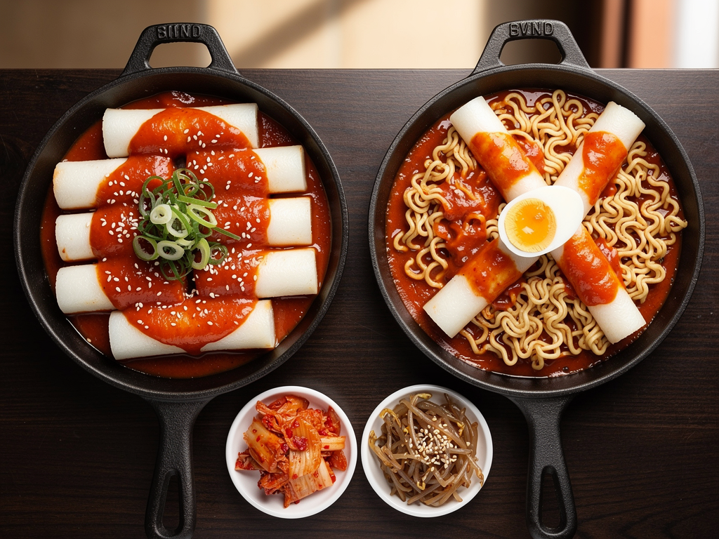 Tteokbokki without noodles beside rabokki with ramyeon noodles added