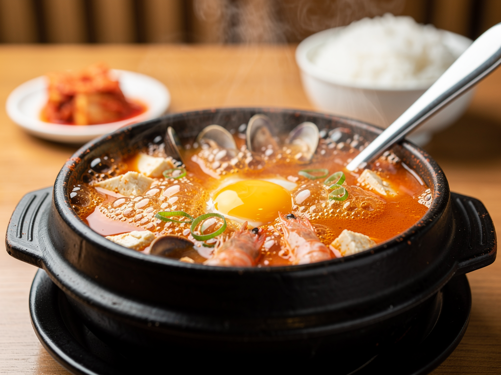 Best Soondubu Jjigae in Abu Dhabi (2026): Honest Local Guide 2 Soft unpressed sundubu tofu curds in a bubbling earthenware ttukbaegi pot of spicy Korean stew