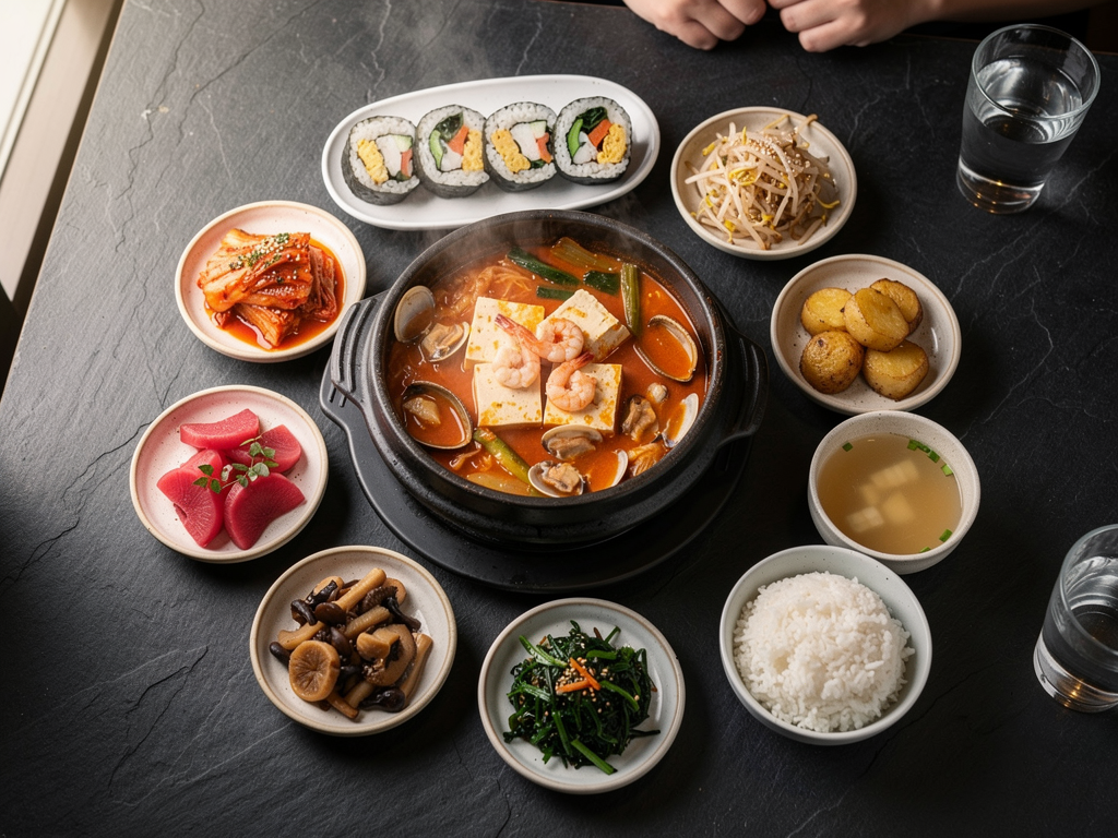 Best Soondubu Jjigae in Abu Dhabi (2026): Honest Local Guide 3 Korean table spread with a bubbling earthenware pot of soondubu jjigae, rice, gimbap and banchan