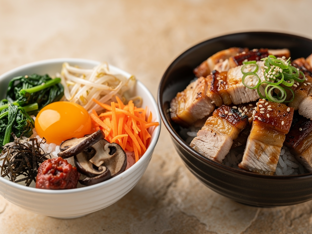 Bibimbap vs Donburi (2026): The Honest UAE Guide 2 Close-up of unmixed bibimbap vegetables beside a layered Japanese chicken katsu rice bowl