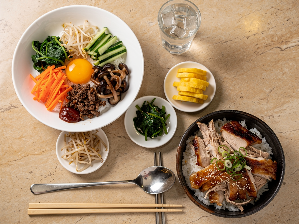 Bibimbap vs Donburi (2026): The Honest UAE Guide 3 Korean and Japanese rice bowls laid out together on a table for comparison