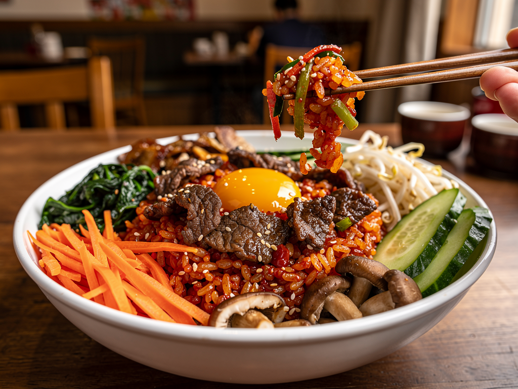 Korean bibimbap rice bowl close-up