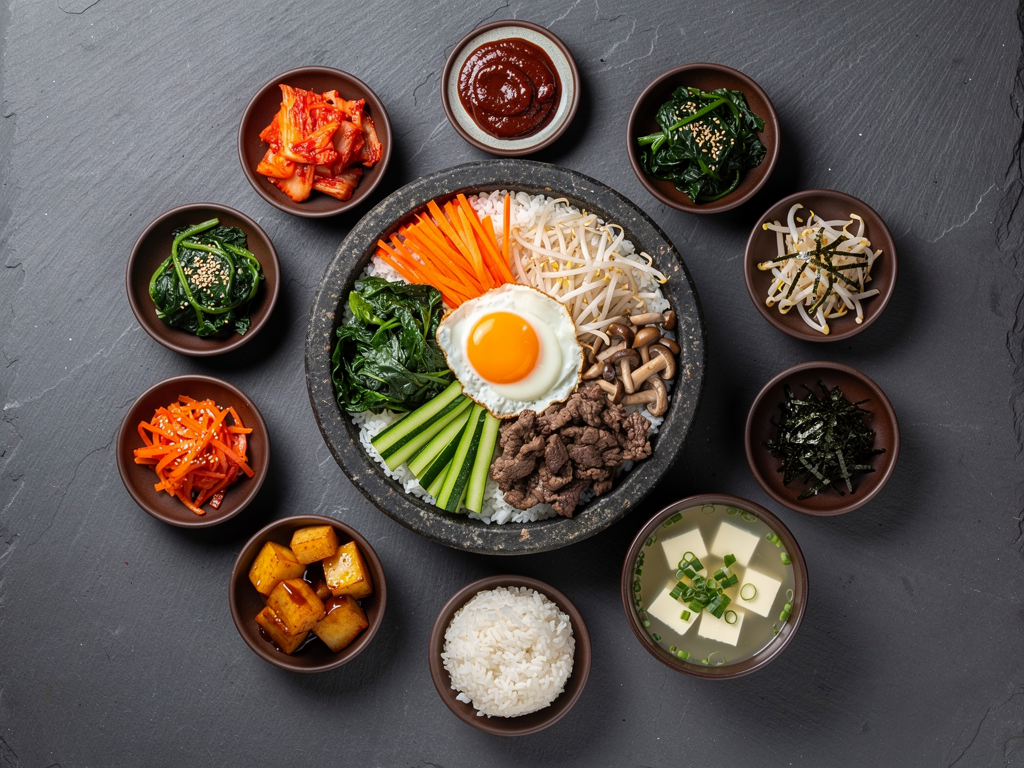 Korean bibimbap served with banchan side dishes