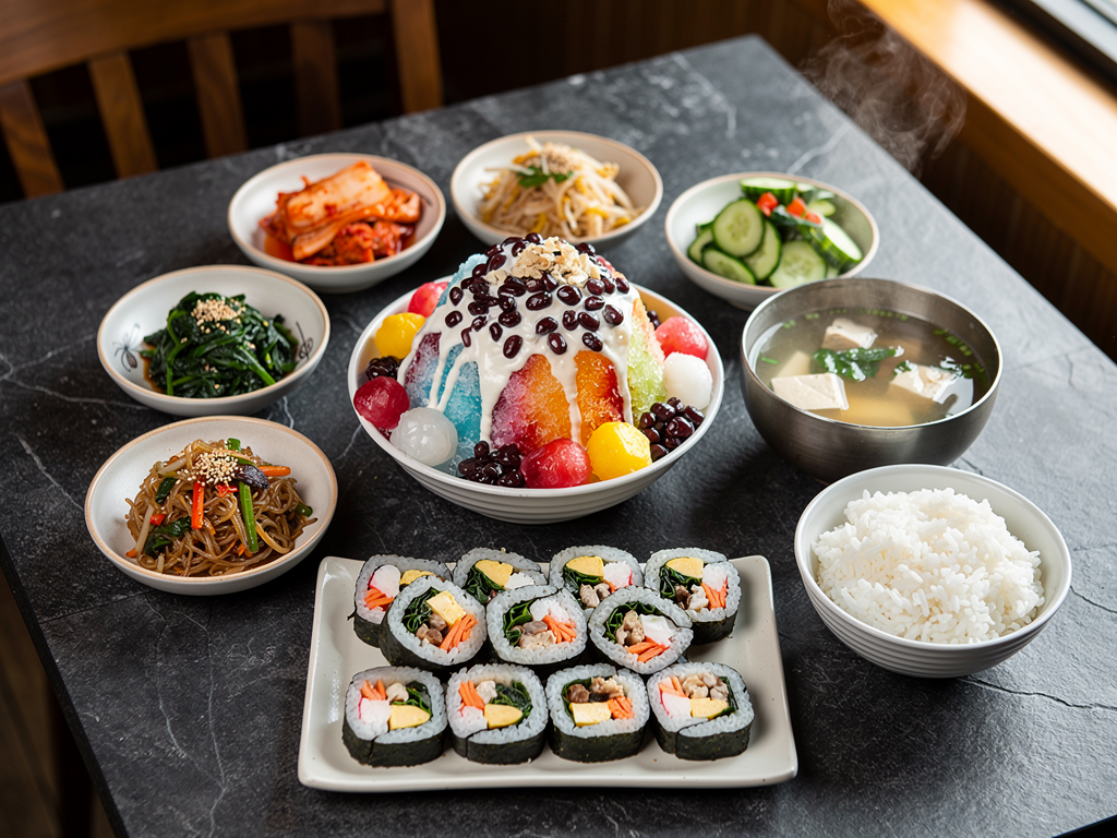 Korean dessert spread with shaved ice bowls
