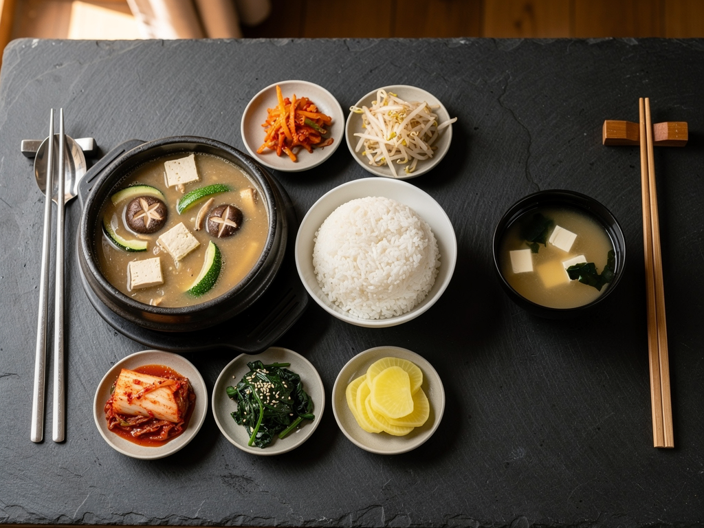 Doenjang Jjigae vs Miso Soup: The Honest 2026 Guide for UAE Diners 3 Korean doenjang jjigae served as a main with rice and banchan next to a small Japanese miso soup bowl