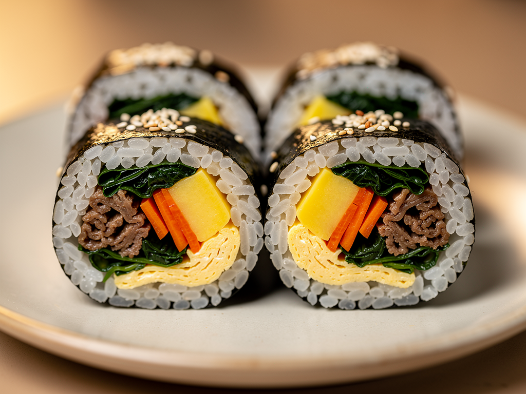 Gimbap vs Sushi: The Honest 2026 Guide for UAE Diners 2 Close-up of gimbap rounds showing cooked fillings and sesame-oiled rice