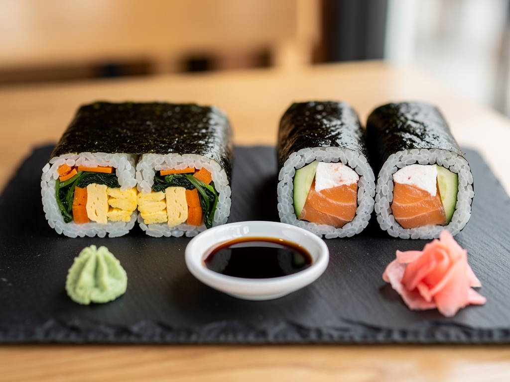 Gimbap vs Sushi: The Honest 2026 Guide for UAE Diners 3 A Korean gimbap roll beside a Japanese maki roll for comparison
