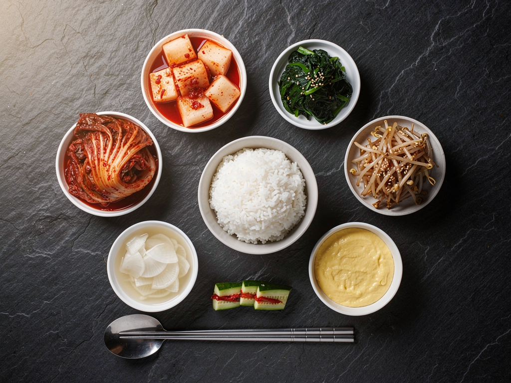 Is Kimchi Halal? The Straight Answer (2026) 3 Overhead spread of Korean kimchi varieties beside rice and vegetable side dishes