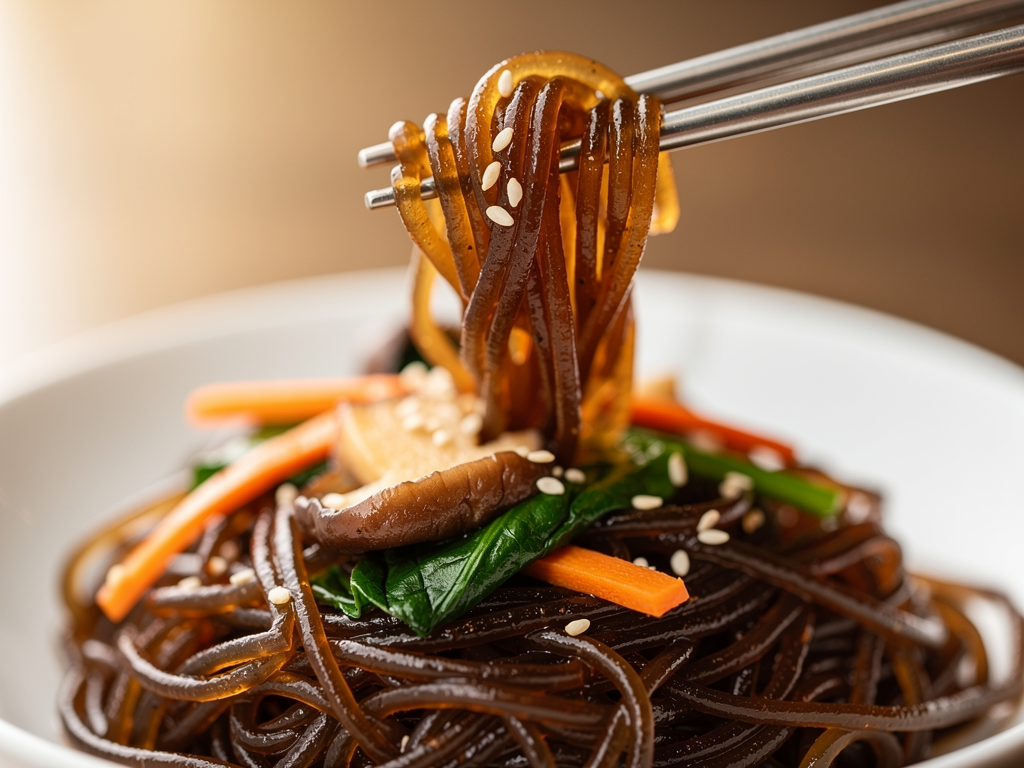 Is Korean Food Gluten Free? An Honest UAE Guide (2026) 2 Close-up of Korean sweet potato glass noodles being lifted with chopsticks