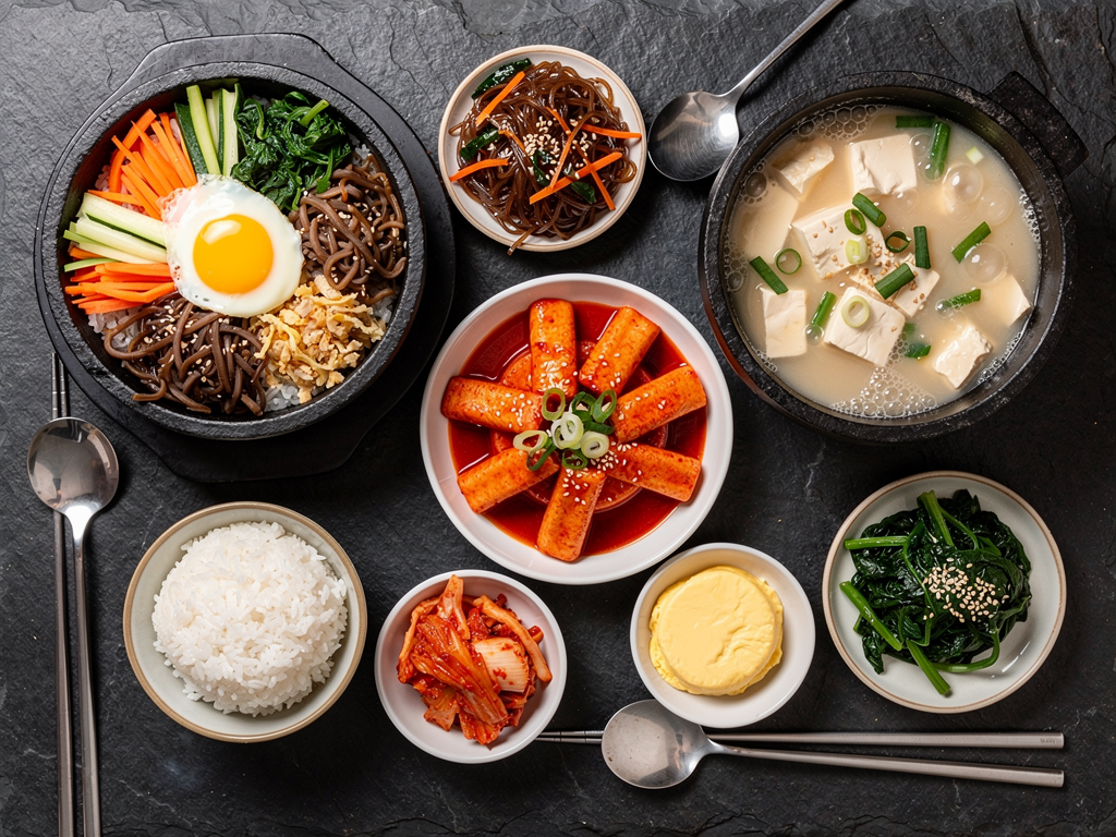 Is Korean Food Gluten Free? An Honest UAE Guide (2026) 3 Overhead spread of rice-based Korean dishes with no wheat on the table