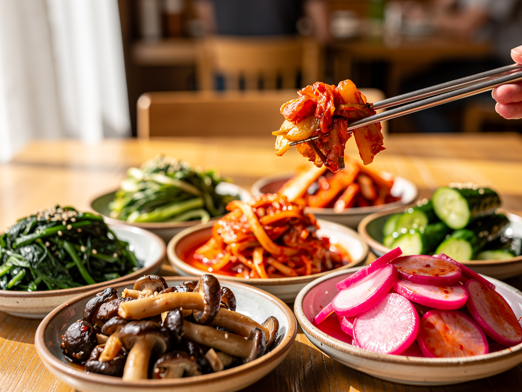 Is Korean Food Healthy? The Honest 2026 Guide for UAE Diners 2 A close-up of Korean banchan vegetable side dishes including kimchi, spinach and pickled radish