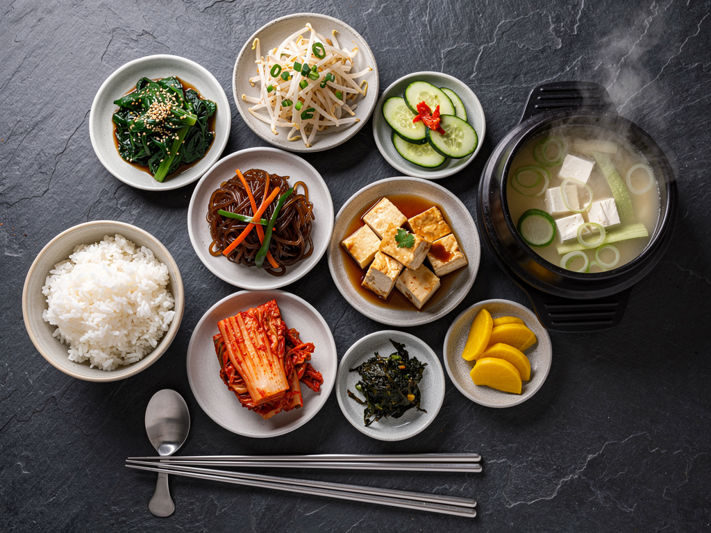 Is Korean Food Healthy? The Honest 2026 Guide for UAE Diners 3 A Korean banchan spread of vegetable side dishes with rice and a clear tofu stew