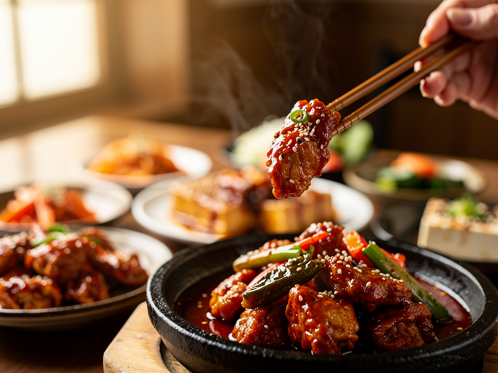 Red yangnyeom-glazed Korean fried chicken lifted with chopsticks, one of the reliably spicy dishes