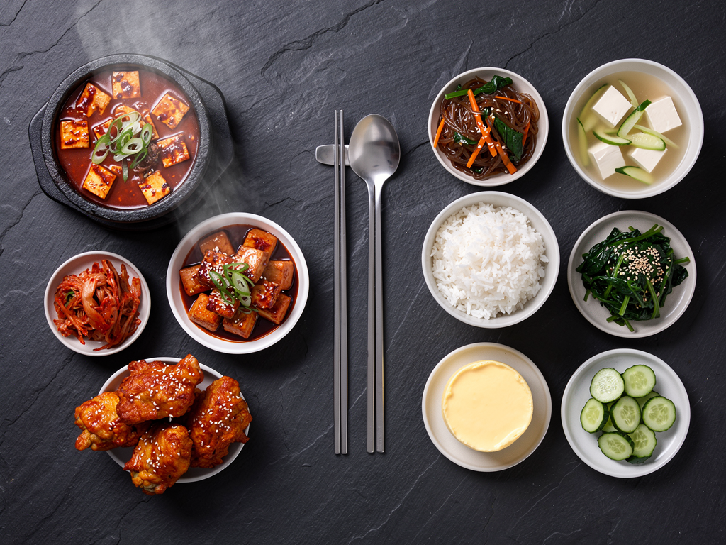 Spicy Korean dishes beside mild Korean dishes on one table, showing the difference in heat