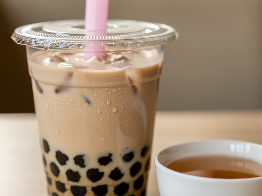 Close-up of a Korean bubble tea served at an alcohol-free Korean restaurant table