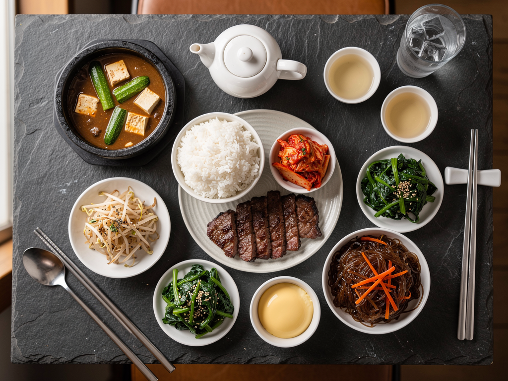Overhead Korean meal spread with tea and iced water instead of alcohol