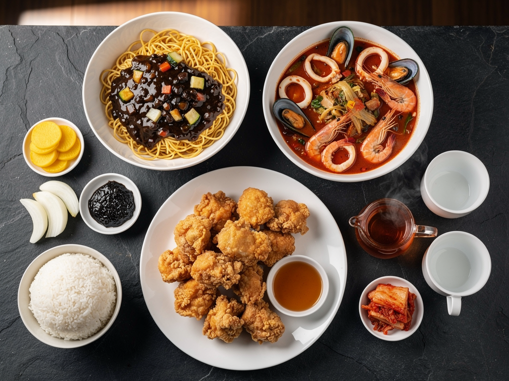 Jajangmyeon vs Jjampong: The Honest 2026 Guide for UAE Diners 3 Korean-Chinese table with jajangmyeon, jjampong and tangsuyuk in the UAE