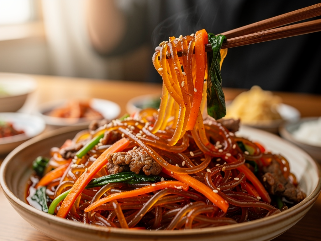 Japchae vs Pad Thai: The Honest 2026 Guide for UAE Diners 2 Korean japchae sweet potato glass noodles close-up