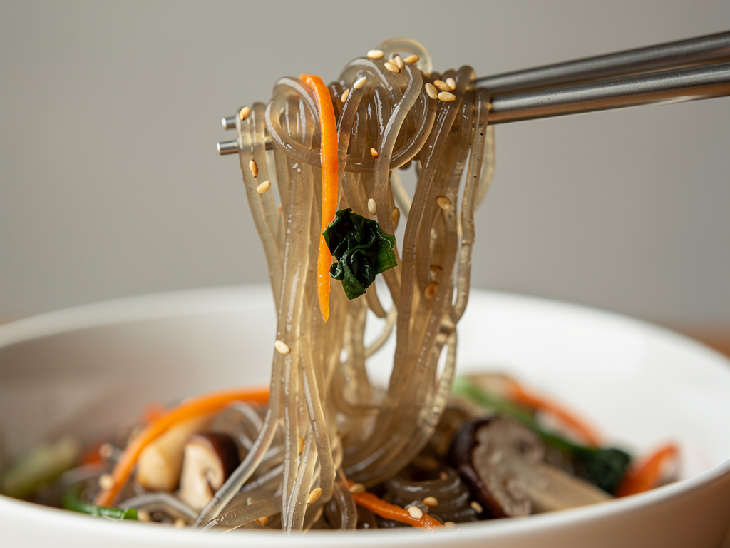 Translucent sweet potato glass noodles lifted from a plate of Korean japchae in Dubai