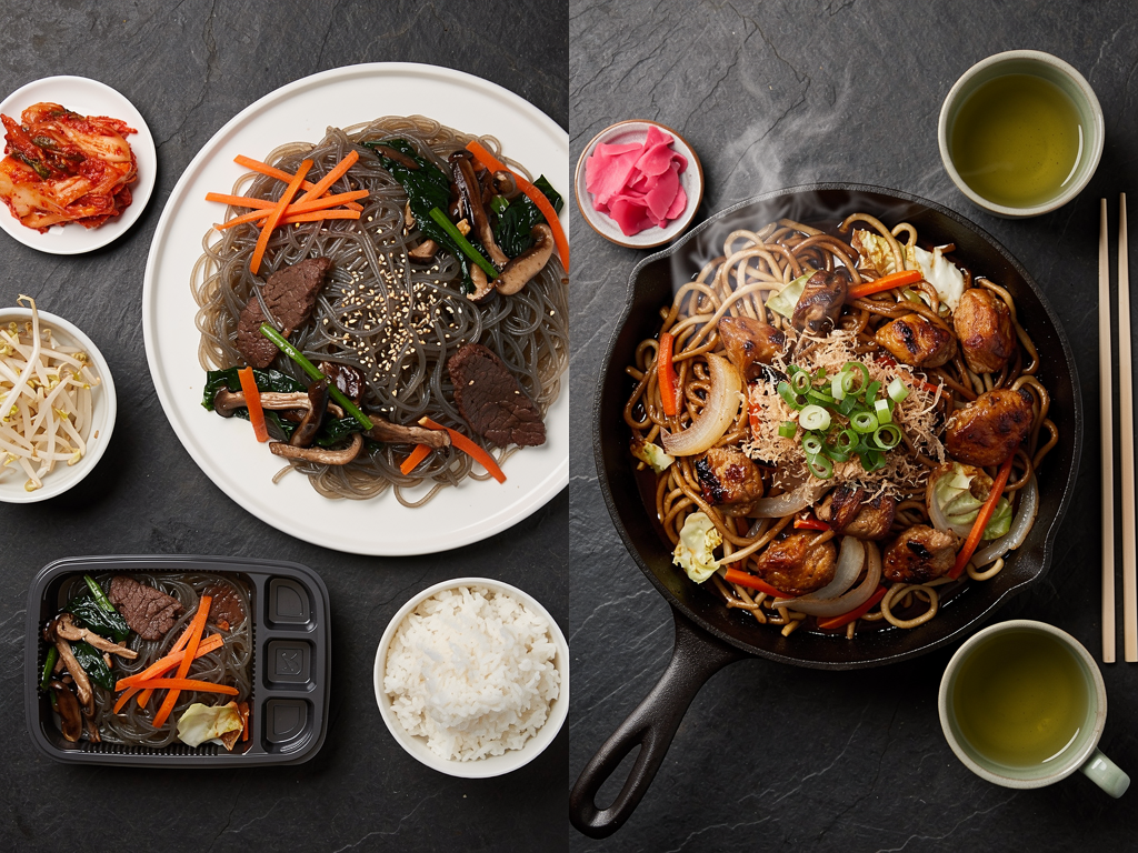 Korean japchae and Japanese yakisoba compared side by side on a Dubai table