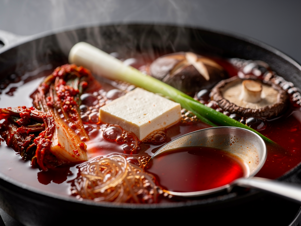 A bubbling red Korean jeongol hot pot on the table in Dubai