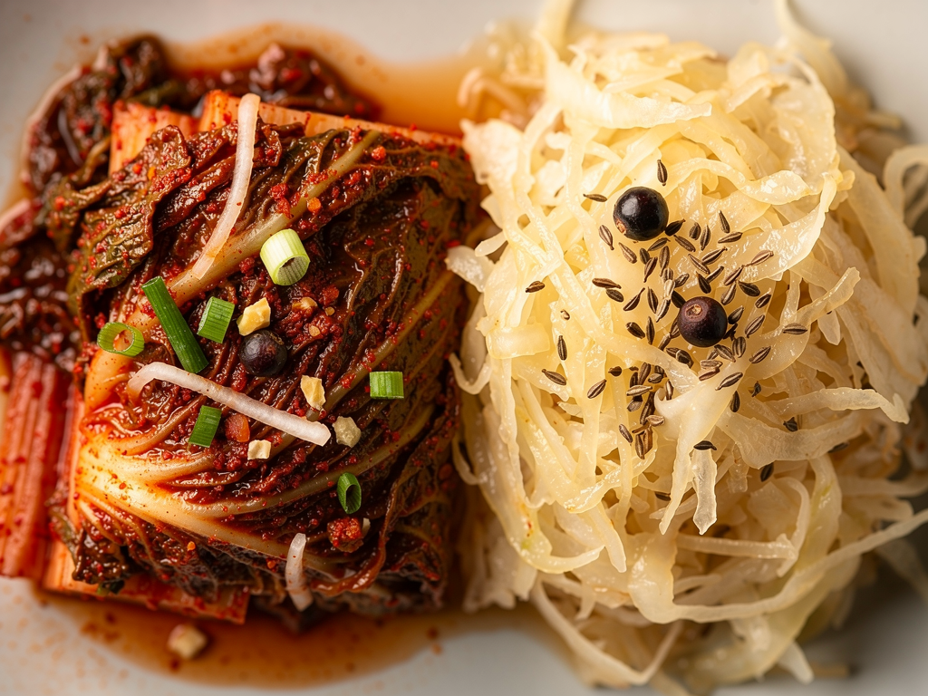 Kimchi vs Sauerkraut: The Honest 2026 Guide for UAE Diners 2 Close-up comparison of red chilli-coated kimchi beside pale shredded sauerkraut